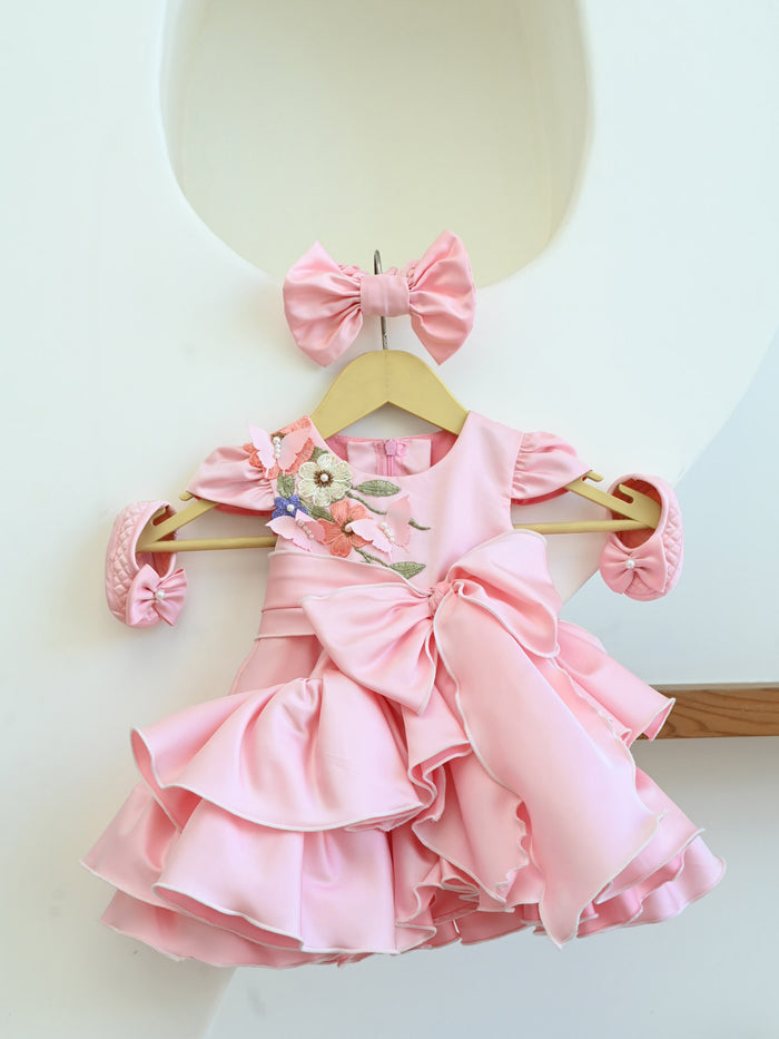 JANYAS CLOSET Pink Bow Ruffle Dress With 3D Embroidery