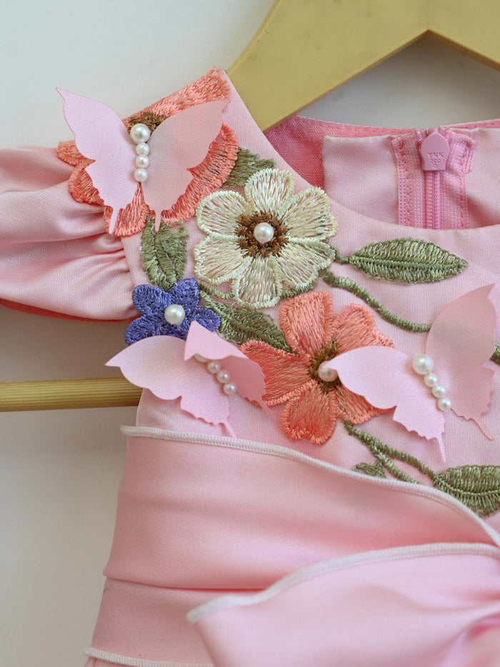 JANYAS CLOSET Pink Bow Ruffle Dress With 3D Embroidery