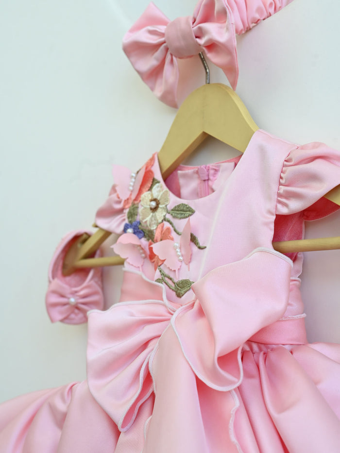 JANYAS CLOSET Pink Bow Ruffle Dress With 3D Embroidery