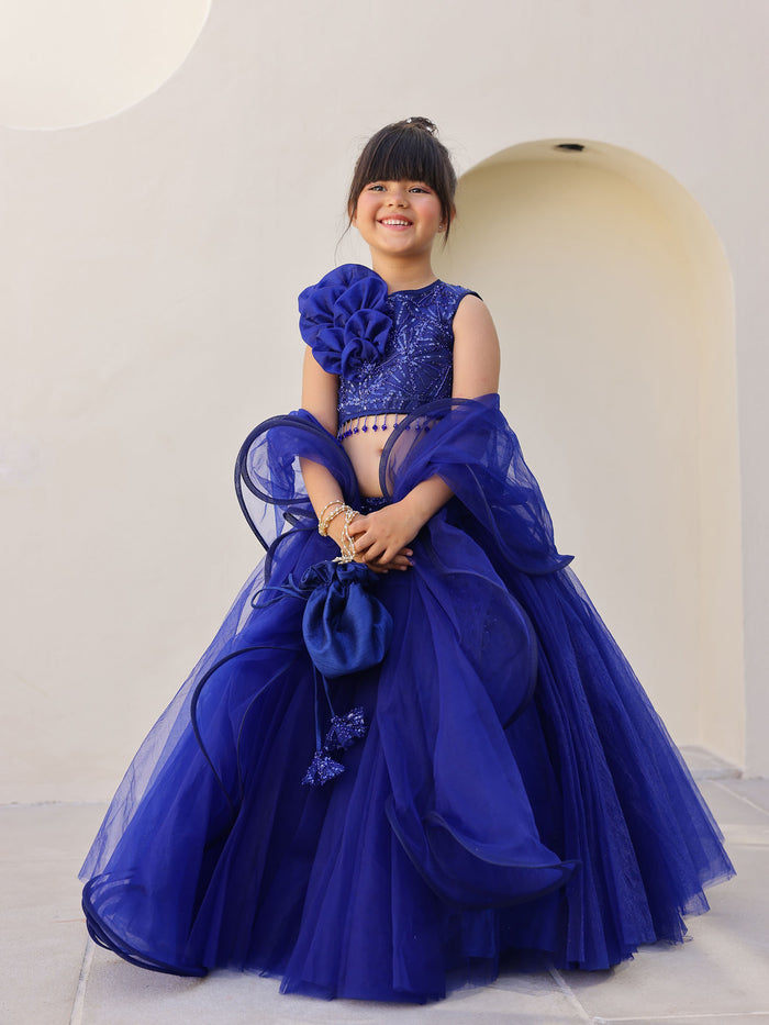 JANYAS CLOSET Royal Blue Pearl Sequin Lehenga Set for Girls