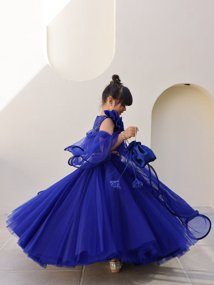JANYAS CLOSET Royal Blue Pearl Sequin Lehenga Set for Girls