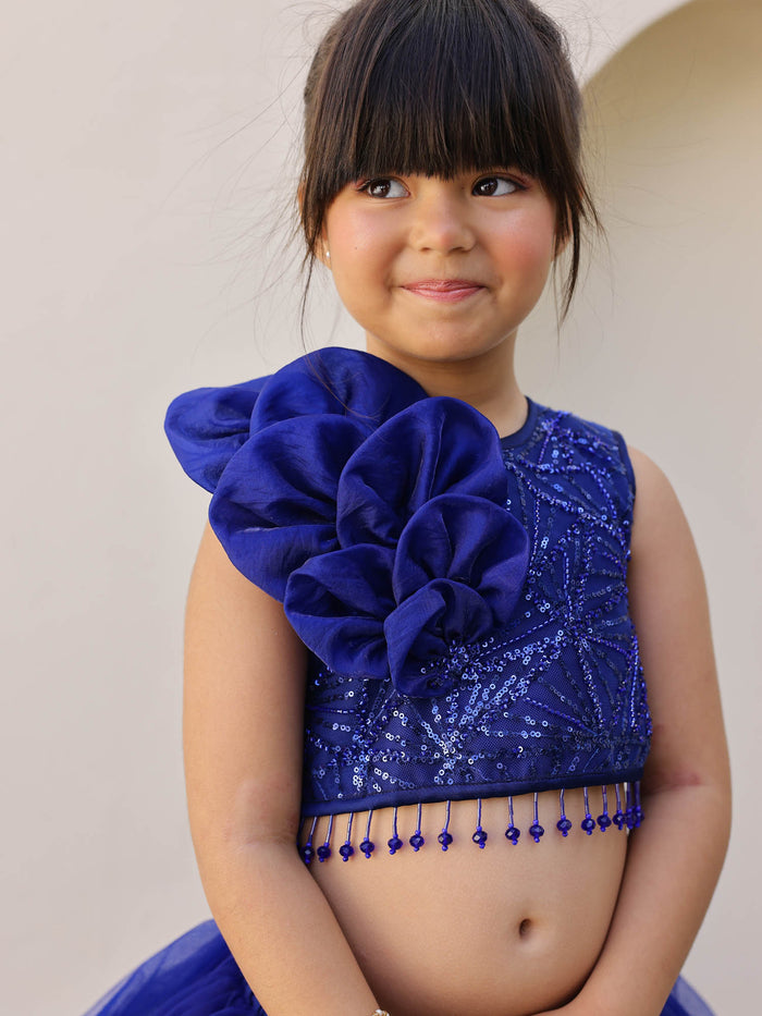 JANYAS CLOSET Royal Blue Pearl Sequin Lehenga Set for Girls
