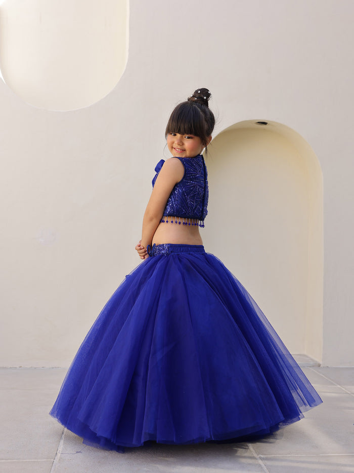 JANYAS CLOSET Royal Blue Pearl Sequin Lehenga Set for Girls