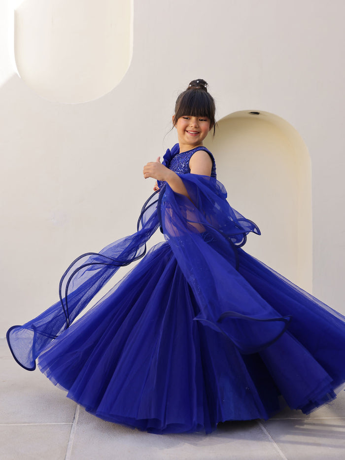 JANYAS CLOSET Royal Blue Pearl Sequin Lehenga Set for Girls