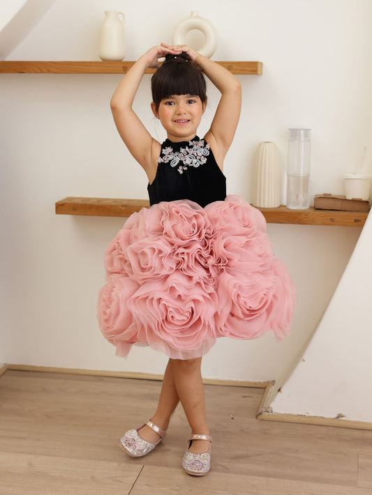 JANYAS CLOSET Velvet Blossom Rosette Party Dress for Girls