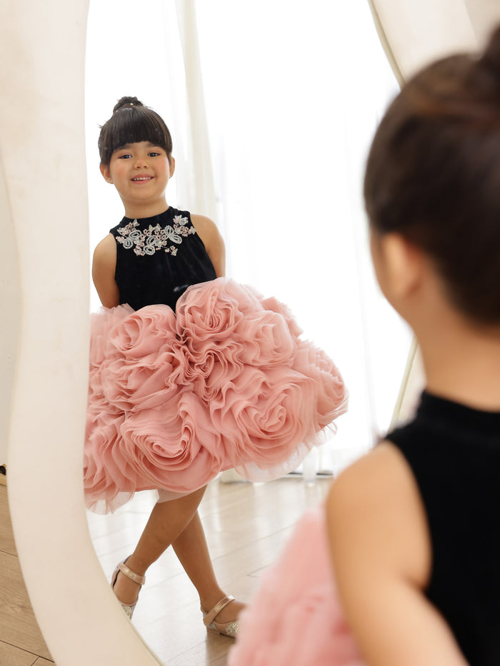 JANYAS CLOSET Velvet Blossom Rosette Party Dress for Girls