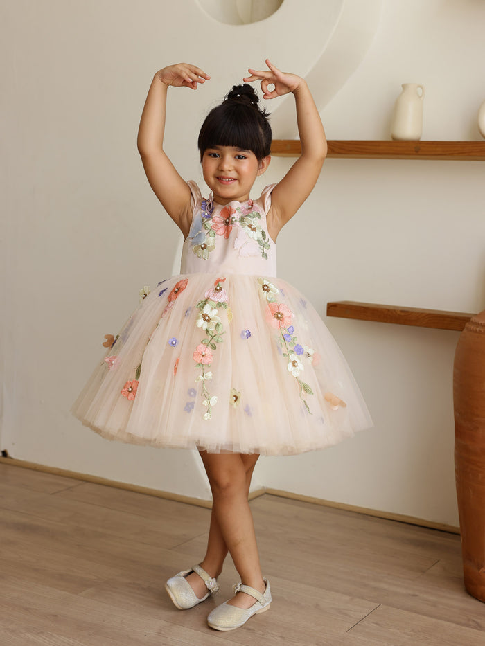 JANYAS CLSOET Peach Symphony Tulle Dress with 3D flowers