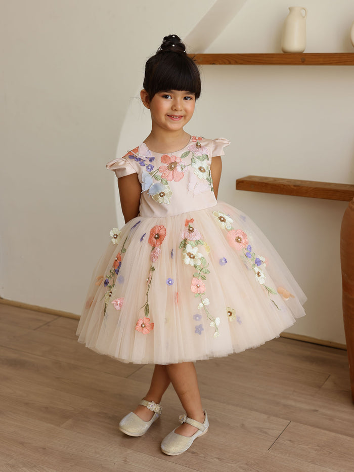 JANYAS CLSOET Peach Symphony Tulle Dress with 3D flowers