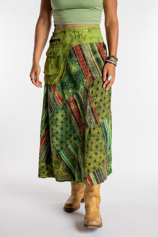Sophie is wearing the Green Jaya Patchwork Utility Wrap Skirt in S/M