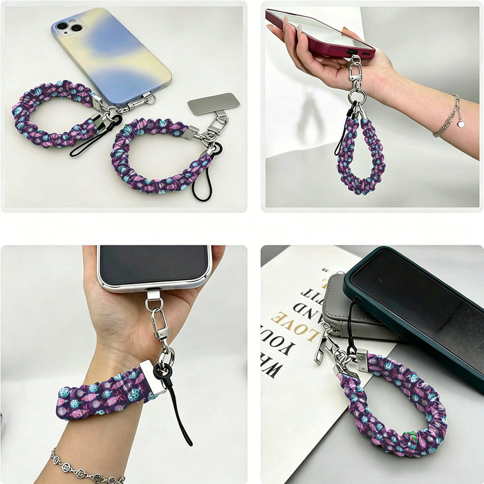 Four views of the Just One More Ornament scrunchie phone wrist strap: with its phone tab, dangling from a phone in hand, worn on the wrist, and clipped to a bag