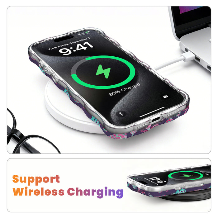 Just One More Ornament MagSafe iPhone case on a wireless charging pad, showing wireless charging works through the case
