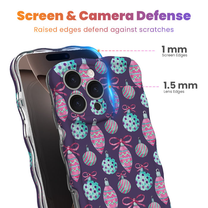 Just One More Ornament iPhone case with 1 mm raised screen edges and 1.5 mm raised camera lens edges, purple Christmas ornament print