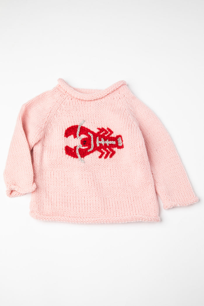 Lobster Baby Sweater in Pink on white background