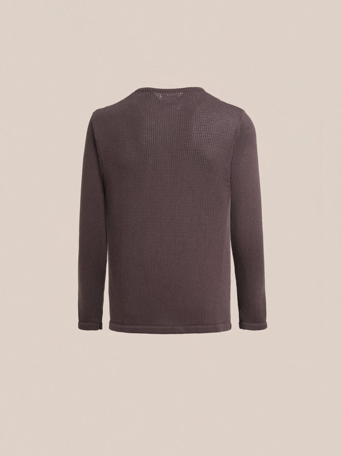 The back view of a grey long-sleeved Profound premium cotton Knit Henley shirt.