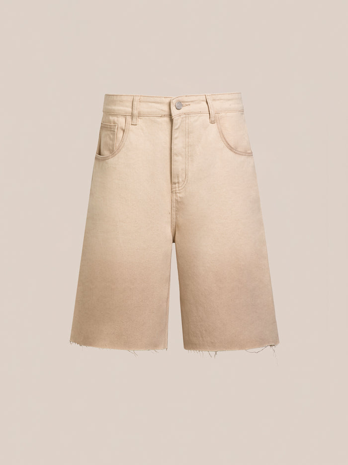 The FOUND Lacy Jean Jorts feature a raw hem, five-pocket design, and front button closure for a classic distressed denim look, shown on a plain background.