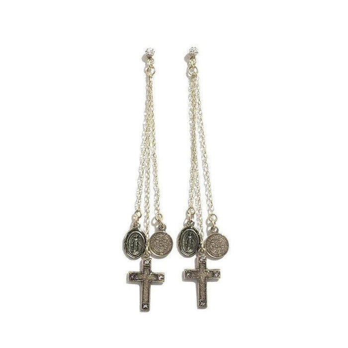 Gold chain earrings featuring cross and medal charms.