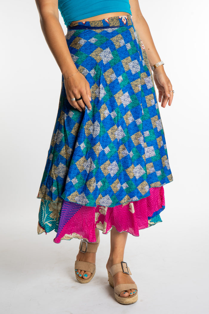 Sophie is wearing sari silk wrap skirt in morning dew
