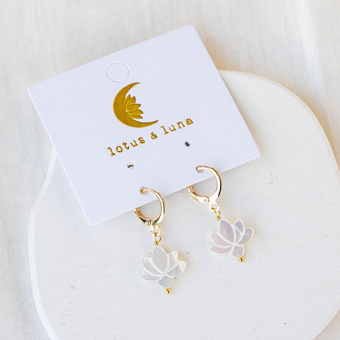 Lotus Bloom Earrings, flat lay on card angled