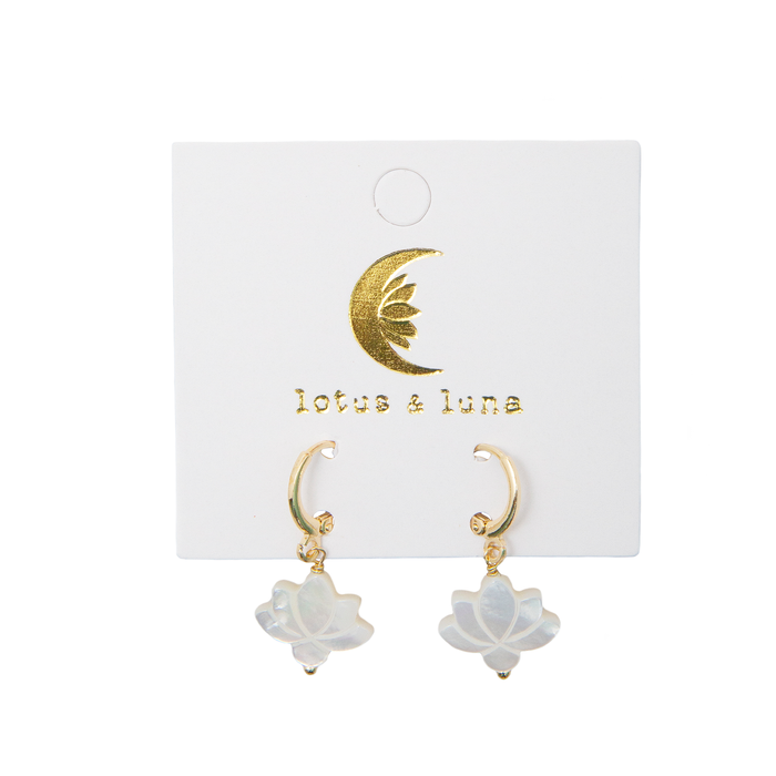 Lotus Bloom Earrings, flat lay on card