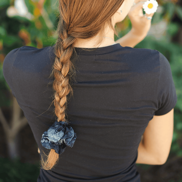 Lotus Moon Scrunchie Pack of 3, worn in a braid
