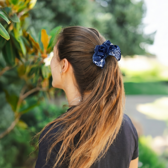 Lotus Moon Scrunchie Pack of 3, worn in a ponytail