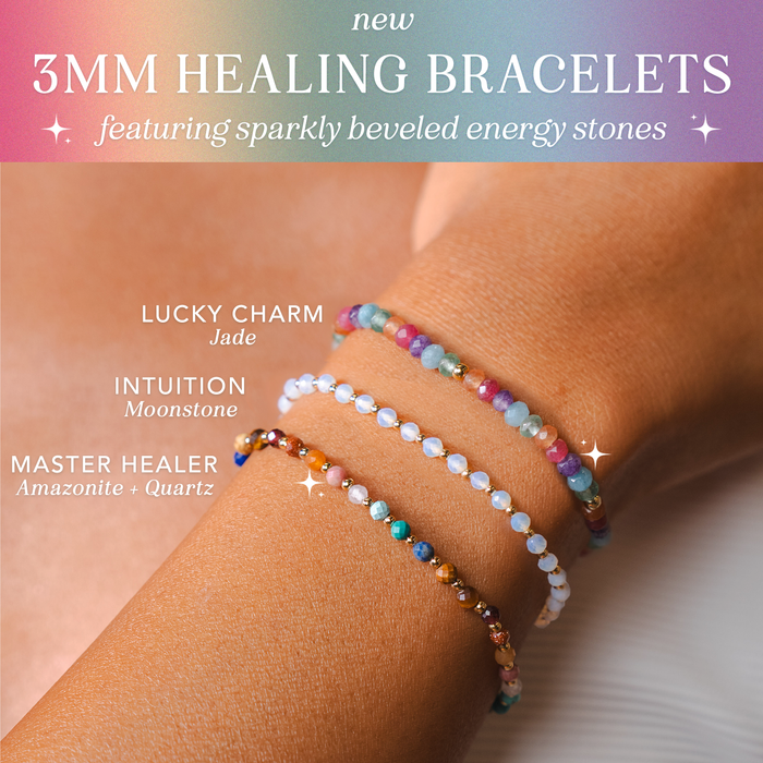 Lucky Charm 3mm Healing Bracelet, trio on wrist with chart