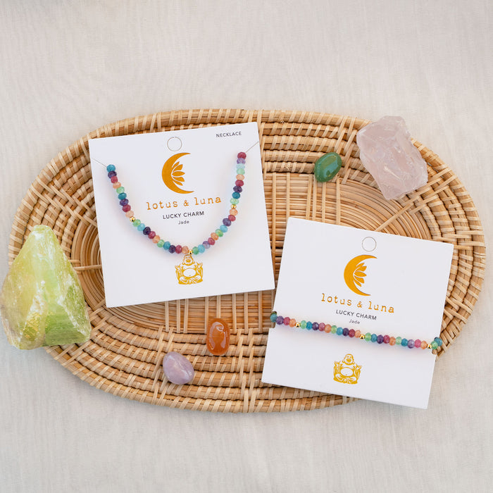 Lucky Charm Necklace + Bracelet 3mm Set, flat lay on tray