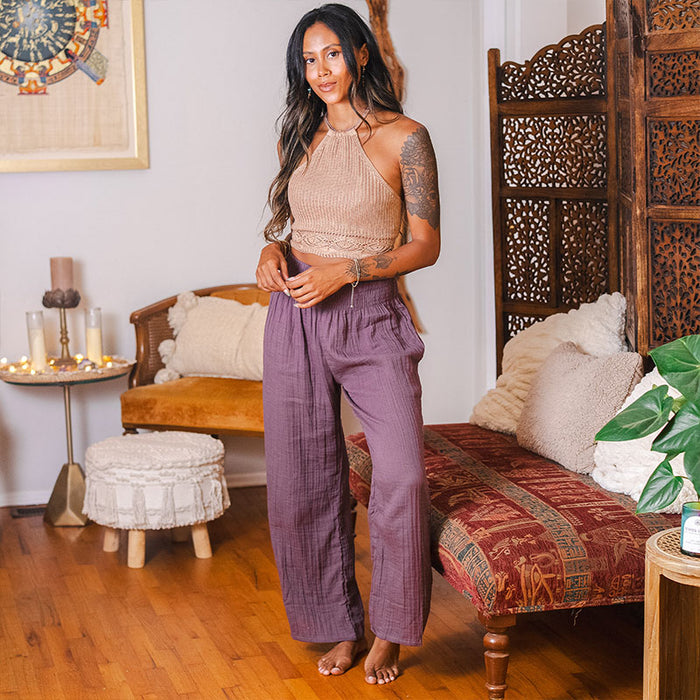 Lunar Sky Wide Leg Pants, worn indoors