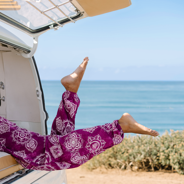 Magenta Chakra Harem Pants, worn with legs up in van