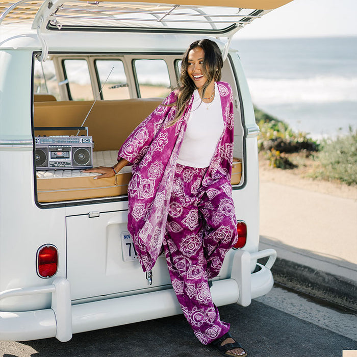 Magenta Chakra Lounge Set, stepping out of the van