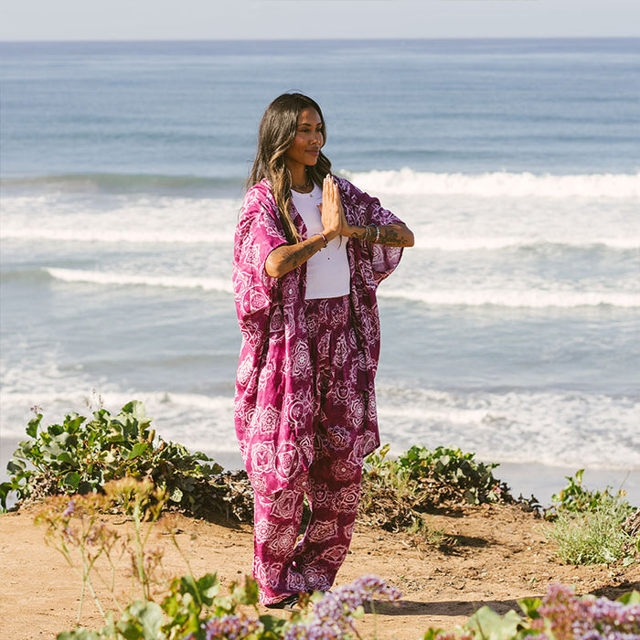 Magenta Chakra Lounge Set, worn on the beach