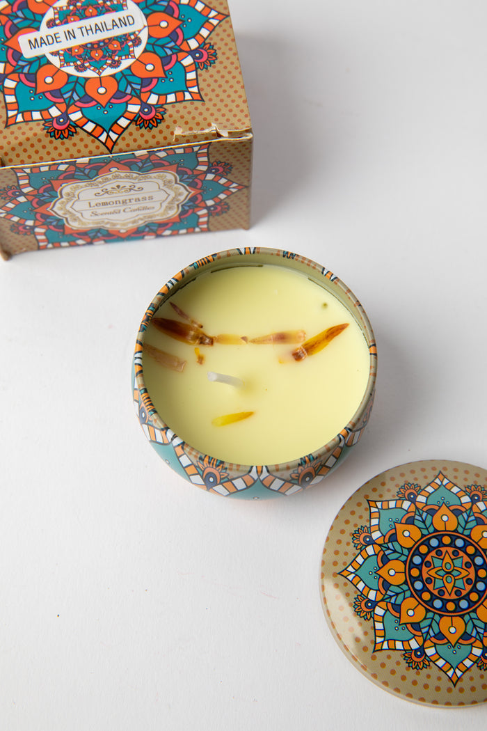 Mandala Travel Tin Candle in scent Lemongrass