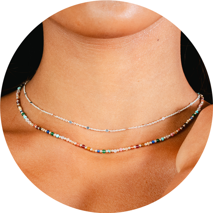 Master Healer 2mm Healing + Circles in the Sand Necklace Stack, layered on neck