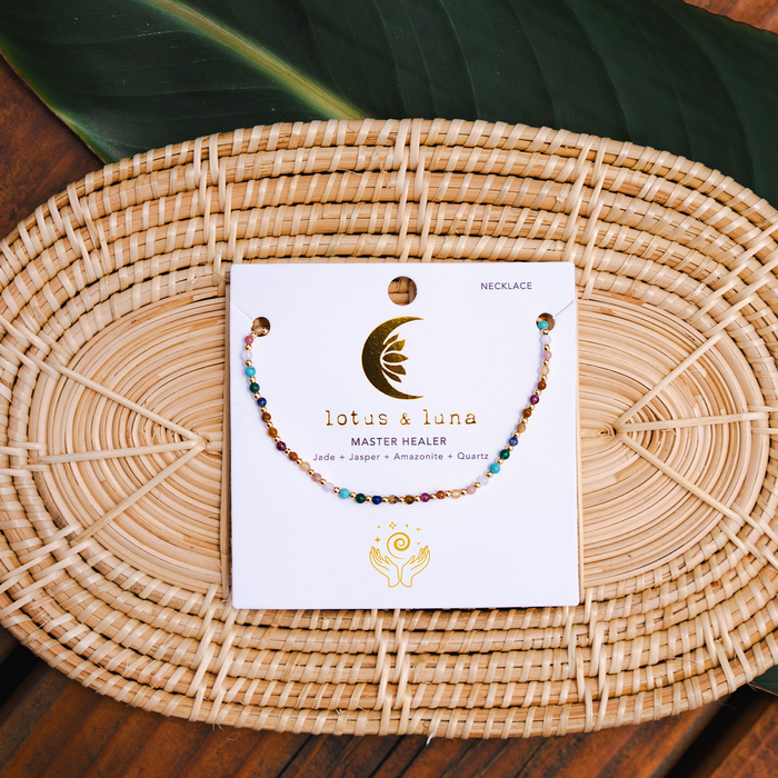 Master Healer 3mm + 2mm Necklace Stack, flat lay on card on tray
