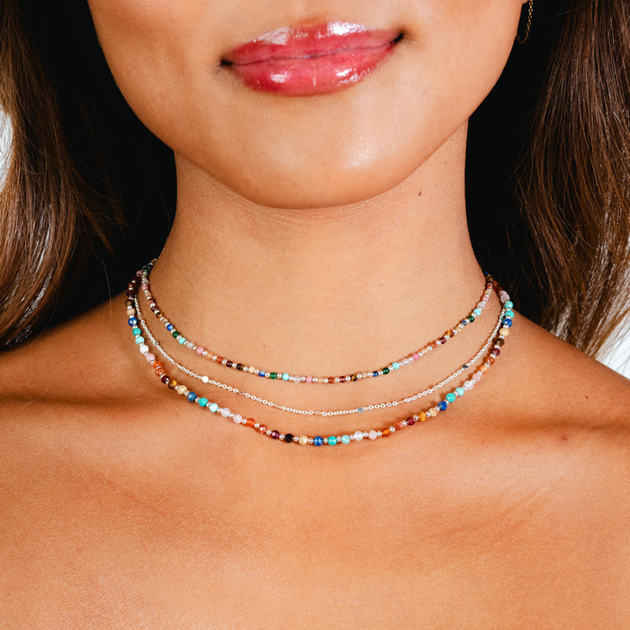 Master Healer 3mm + 2mm Necklace Stack, worn layered on neck