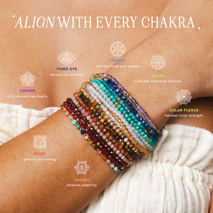 Master Healer 3mm Healing Bracelet, stacked labeled chakras