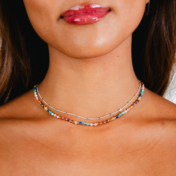 Master Healer 3mm Healing + Circles in the Sand Necklace Stack, stacked on neck, silver chain