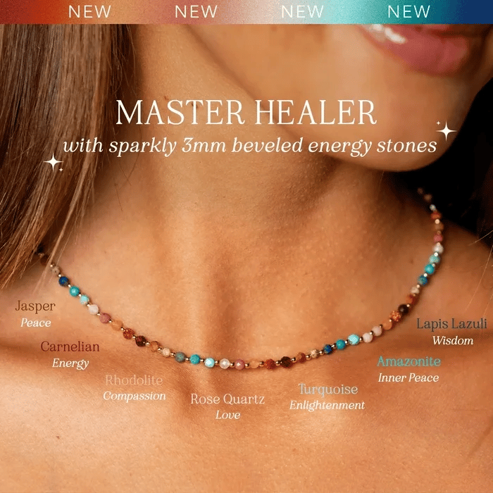 Master Healer 3mm Healing + Circles in the Sand Necklace Stack, worn with stone labels