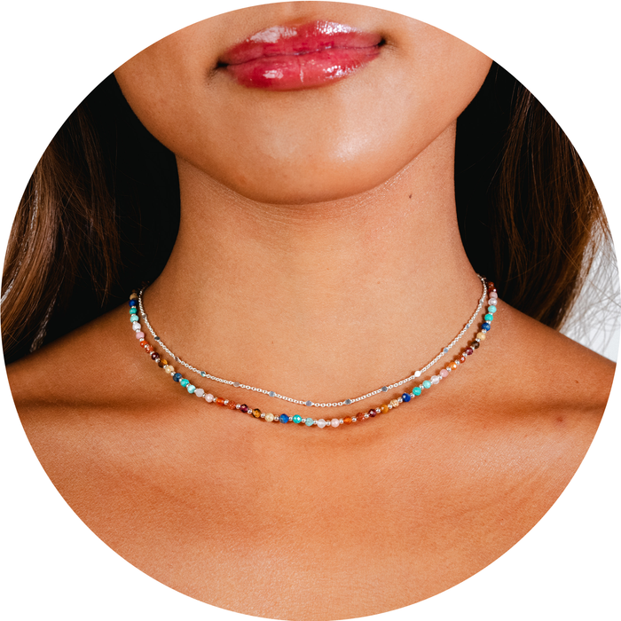 Master Healer 3mm Healing + Circles in the Sand Necklace Stack, on neck, circle crop