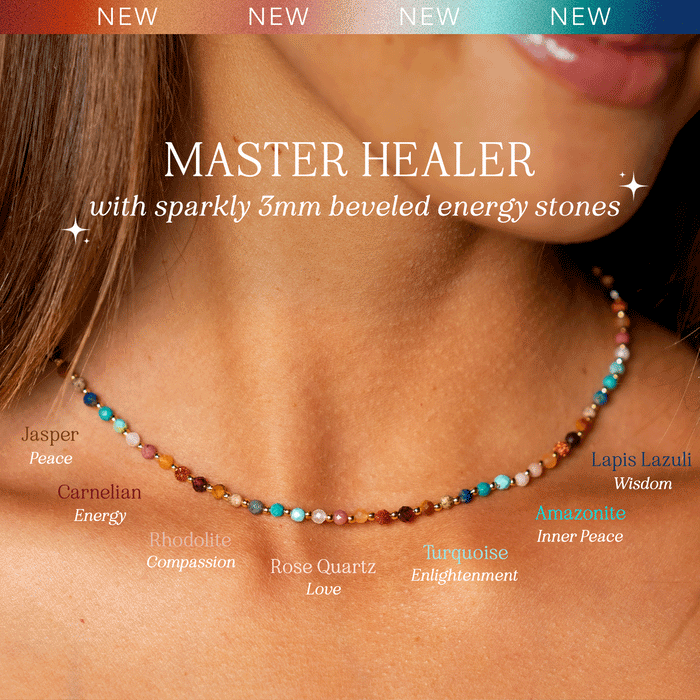 Master Healer 3mm Healing Necklace, on neck with stone labels