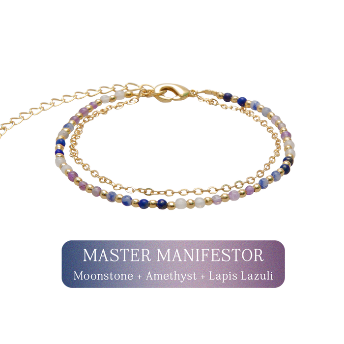 Master Manifestor 2mm Layered Healing Bracelet, flat lay with label