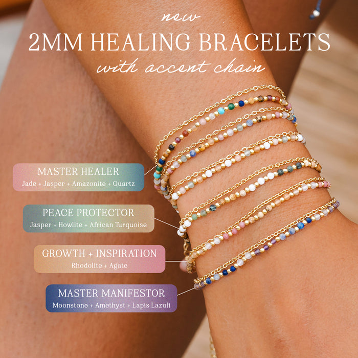 Master Healer 2mm Layered Healing Bracelet, range chart on wrist