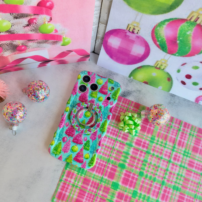 Merry & Bright, Totally! iPhone case with the matching grip ring snapped on, on pink and green plaid with a lime gift bow and confetti ornaments