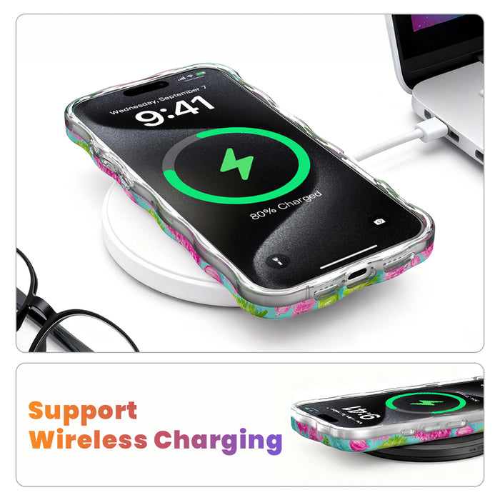 Merry & Bright, Totally! MagSafe iPhone case on a wireless charging pad, showing wireless charging works through the case