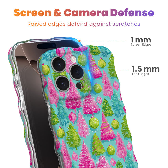 Merry & Bright, Totally! iPhone case with 1 mm raised screen edges and 1.5 mm raised camera lens edges, pink and green Christmas tree print
