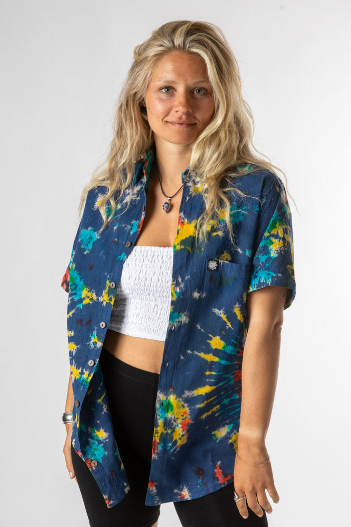 Sophie is wearing size Small Tie Dye Button Up Shirt in Blue