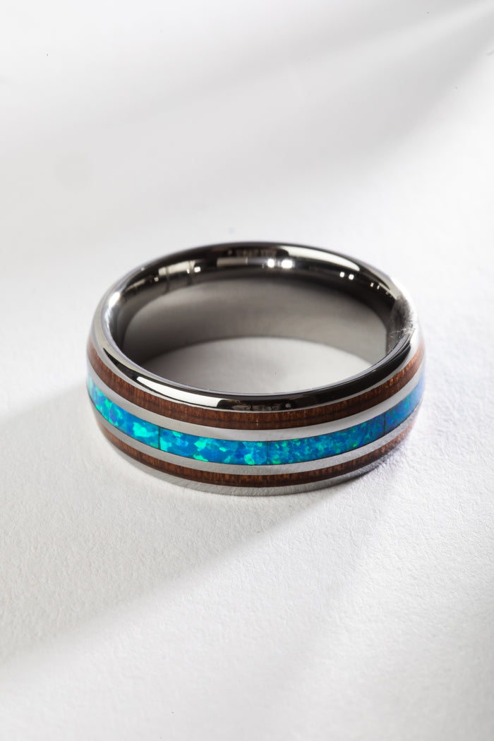 Mexicali Tungsten Koa Wood Ring in Opal