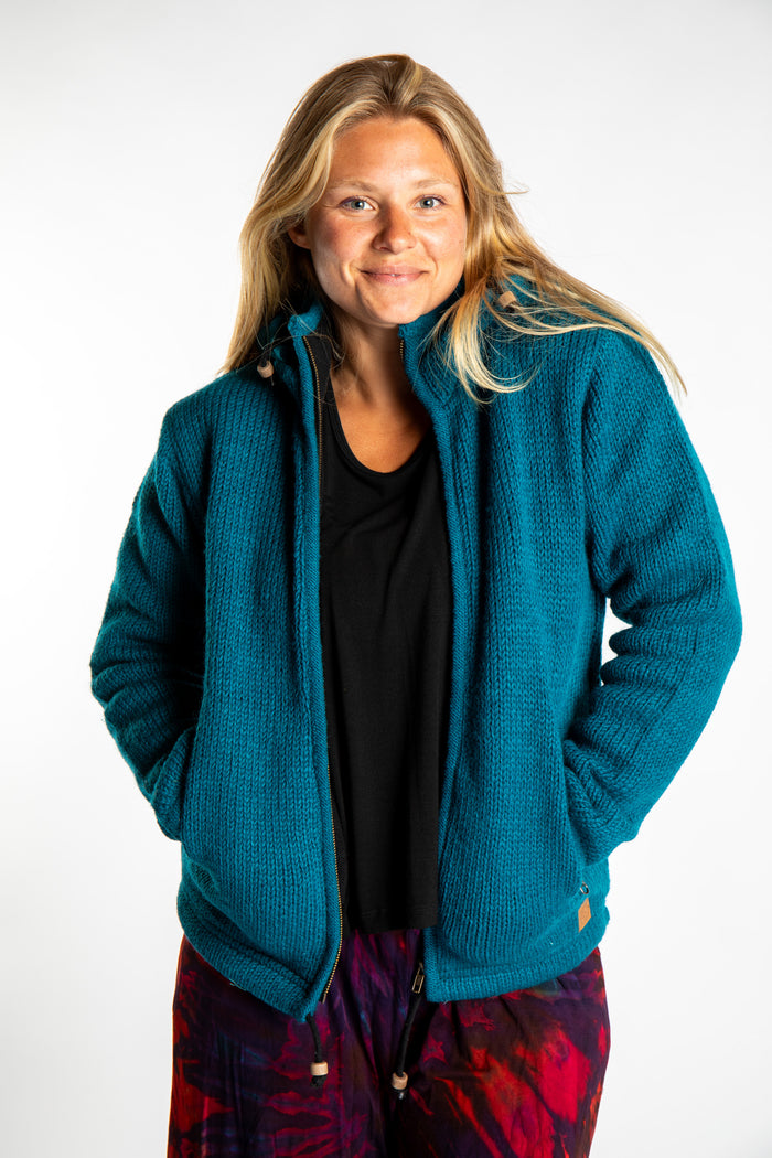 Toni wearing size S Teal wool hoodie jacket