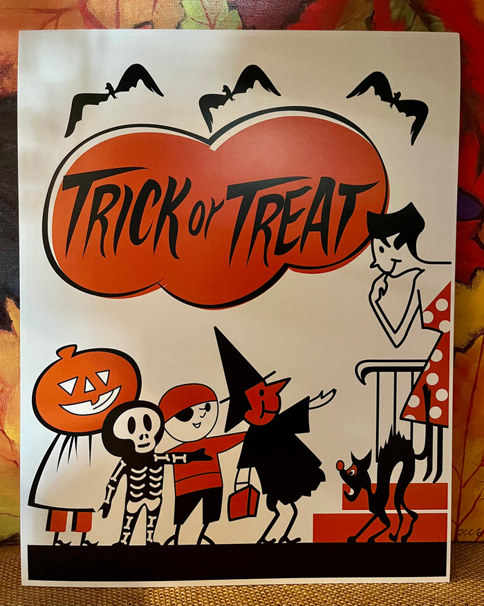 Mid-Mod Print - Halloween Trick Or Treaters at The Door