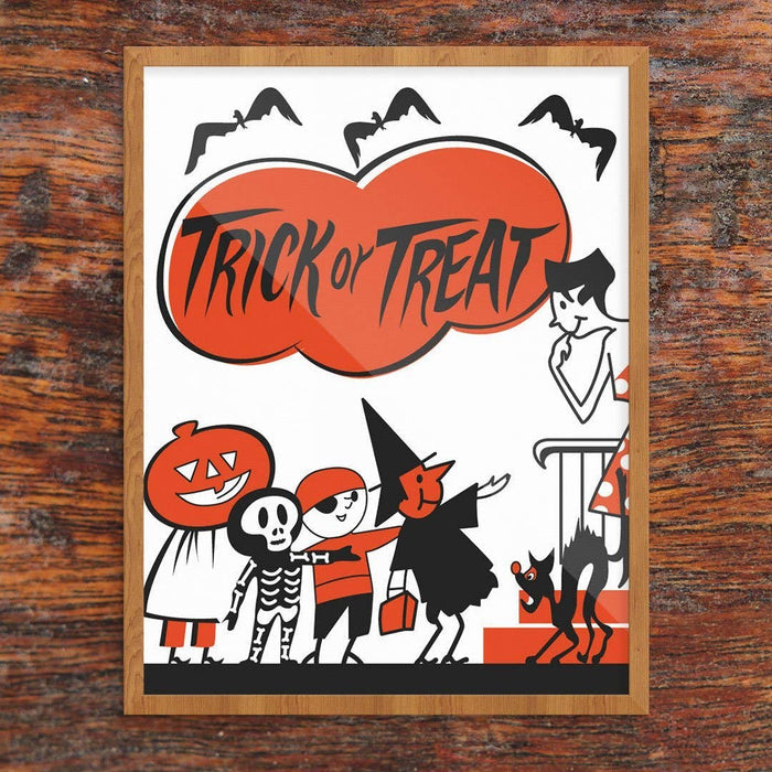 Mid-Mod Print - Halloween Trick Or Treaters at The Door